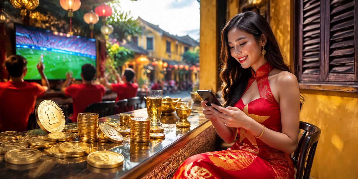 Người dùng tại Hội An thưởng thức casino trên điện thoại trong không gian lễ hội